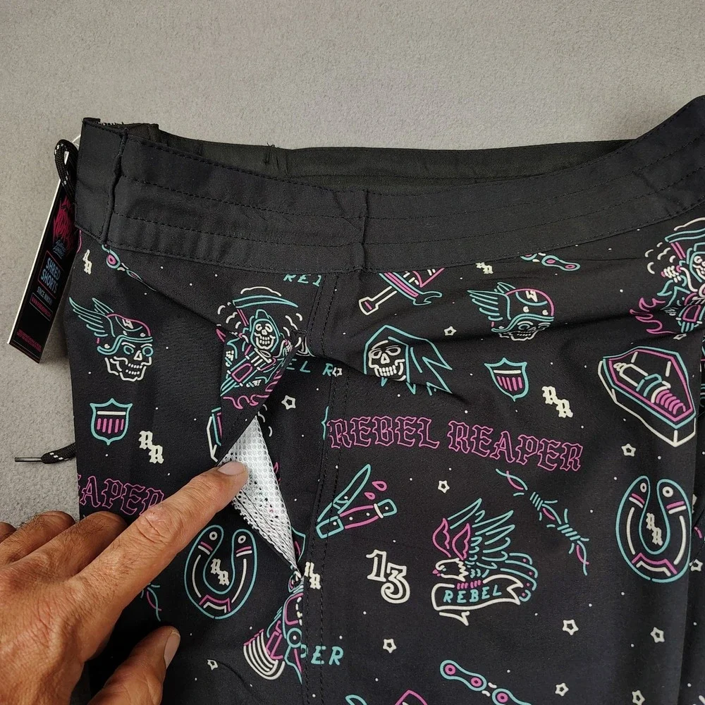 Rebel Reaper Board Shorts Men Small Black Swim Trunks Tattoo Biker Pockets NWT